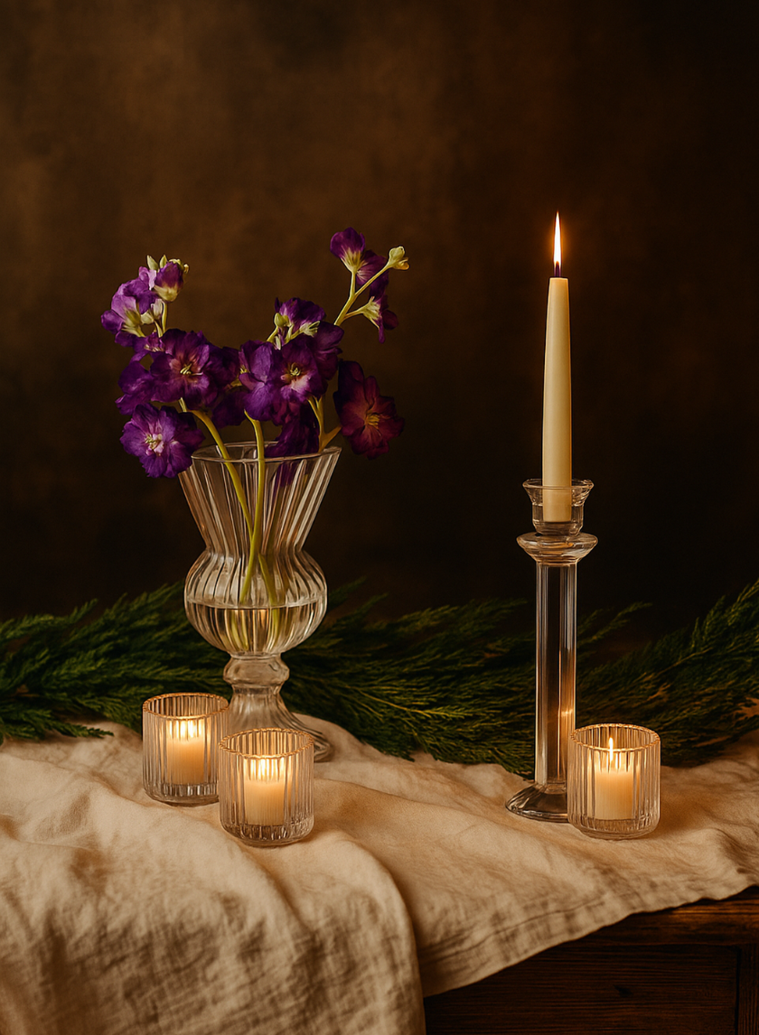 A glass vase with purple flowers and three small candles rest on a cream cloth, next to a tall lit candle in a holder. A 6ft Real Touch Thuja Pine Garland adds festive décor against the warm brown backdrop.