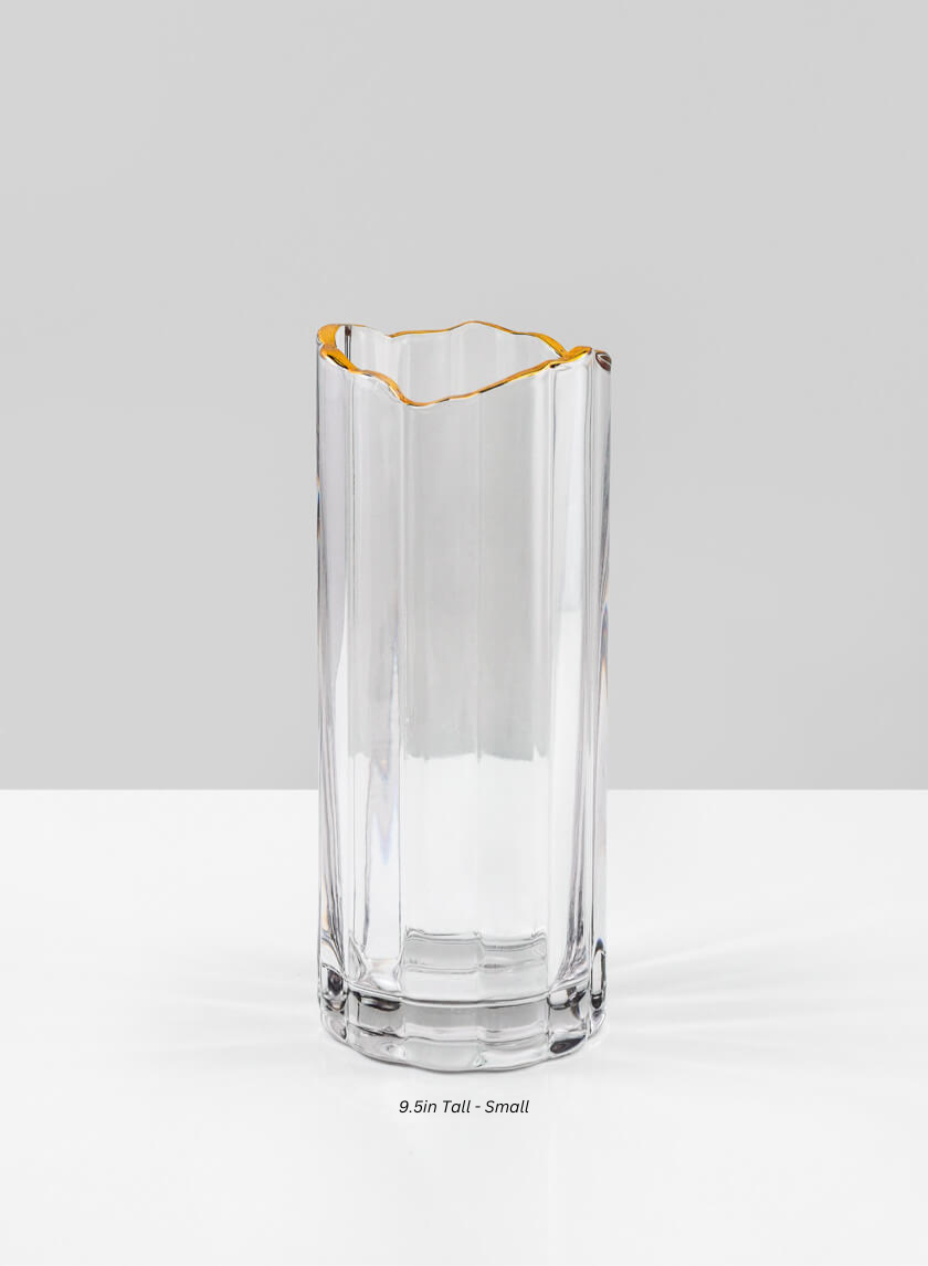 Waves Gold Rim Faceted Vase Decor Jamali Garden Clear/Gold 9.5in Tall - Small EACH