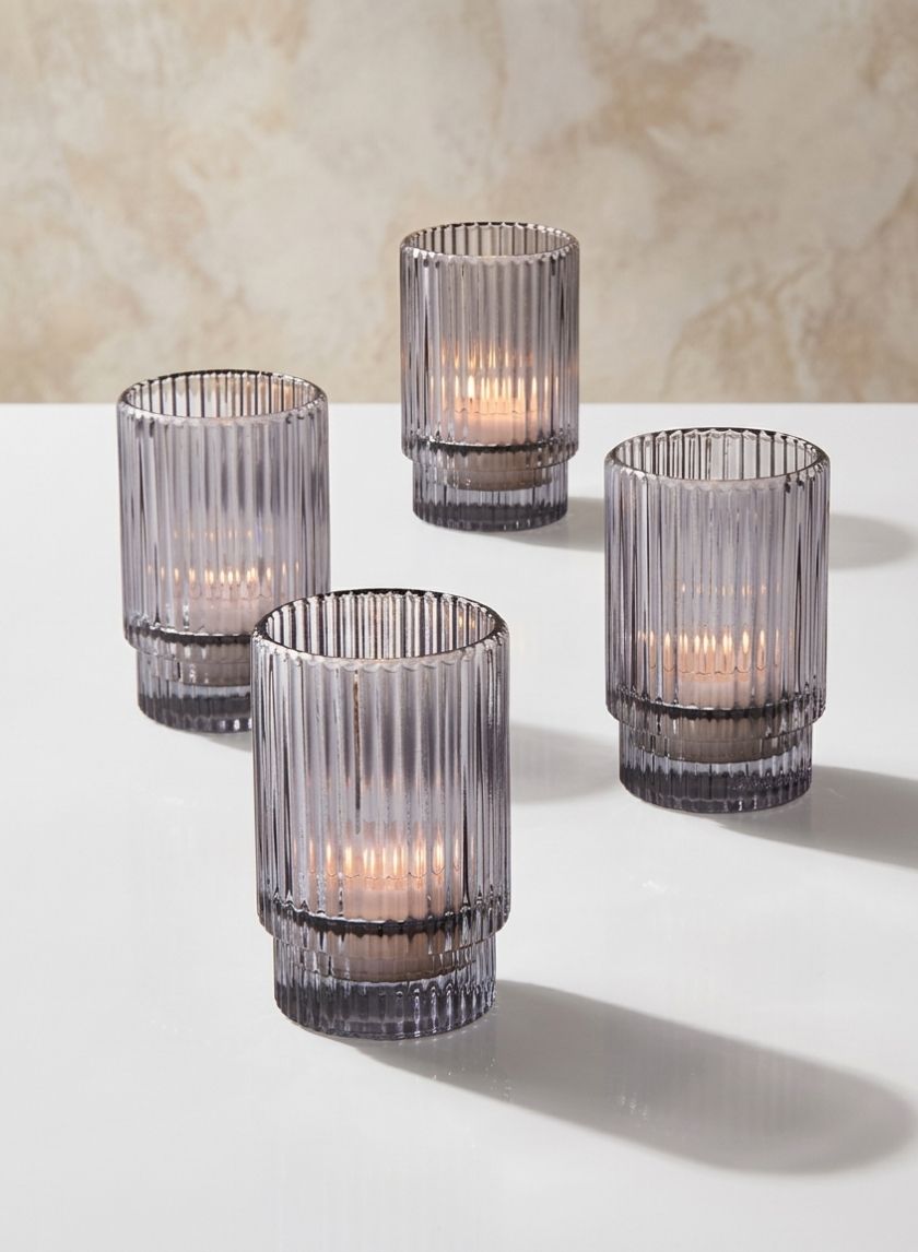 3.75in Tall Smoke Pleated Glass Votive Holder, Set of 4