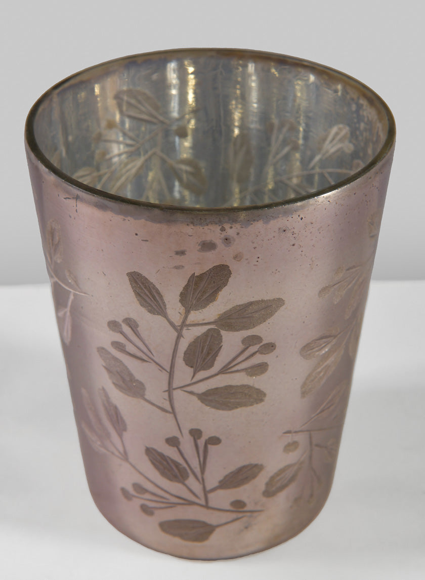 5in Tall Elizha Etched Leaf Burned Silver Glass Holder Decor Jamali Garden