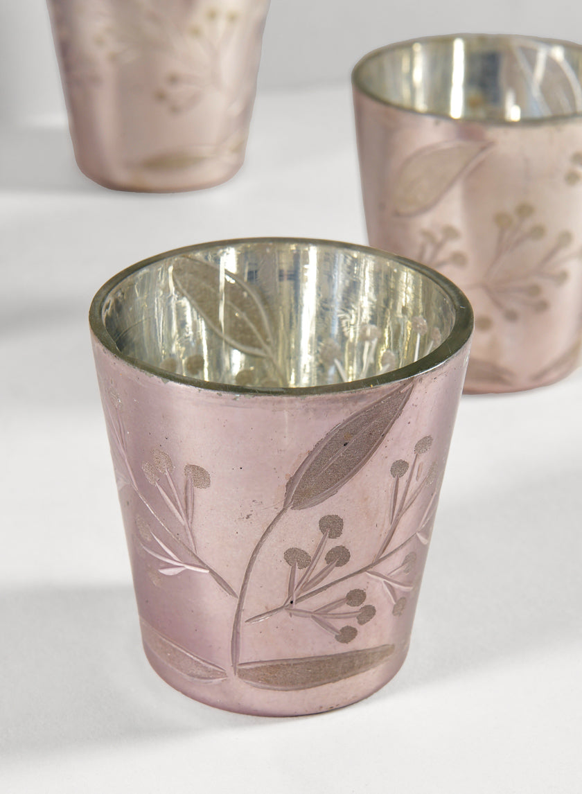 2.5in Tall Elizha Etched Leaf Burned Silver Glass Votive Candleholder Decor Jamali Garden