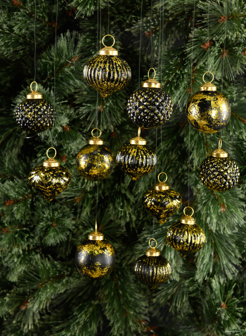 2.5in Wide Black Gold Antique Glass Ornaments, Set of 12 Decor Jamali Garden