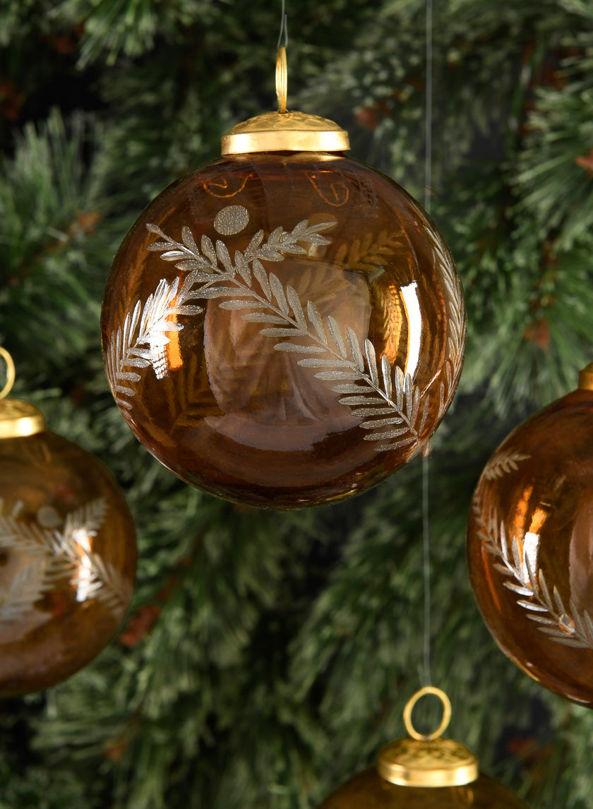 4in Round Almira Palm Amber Luster Glass Ornament, Set of 4 Decor Jamali Garden