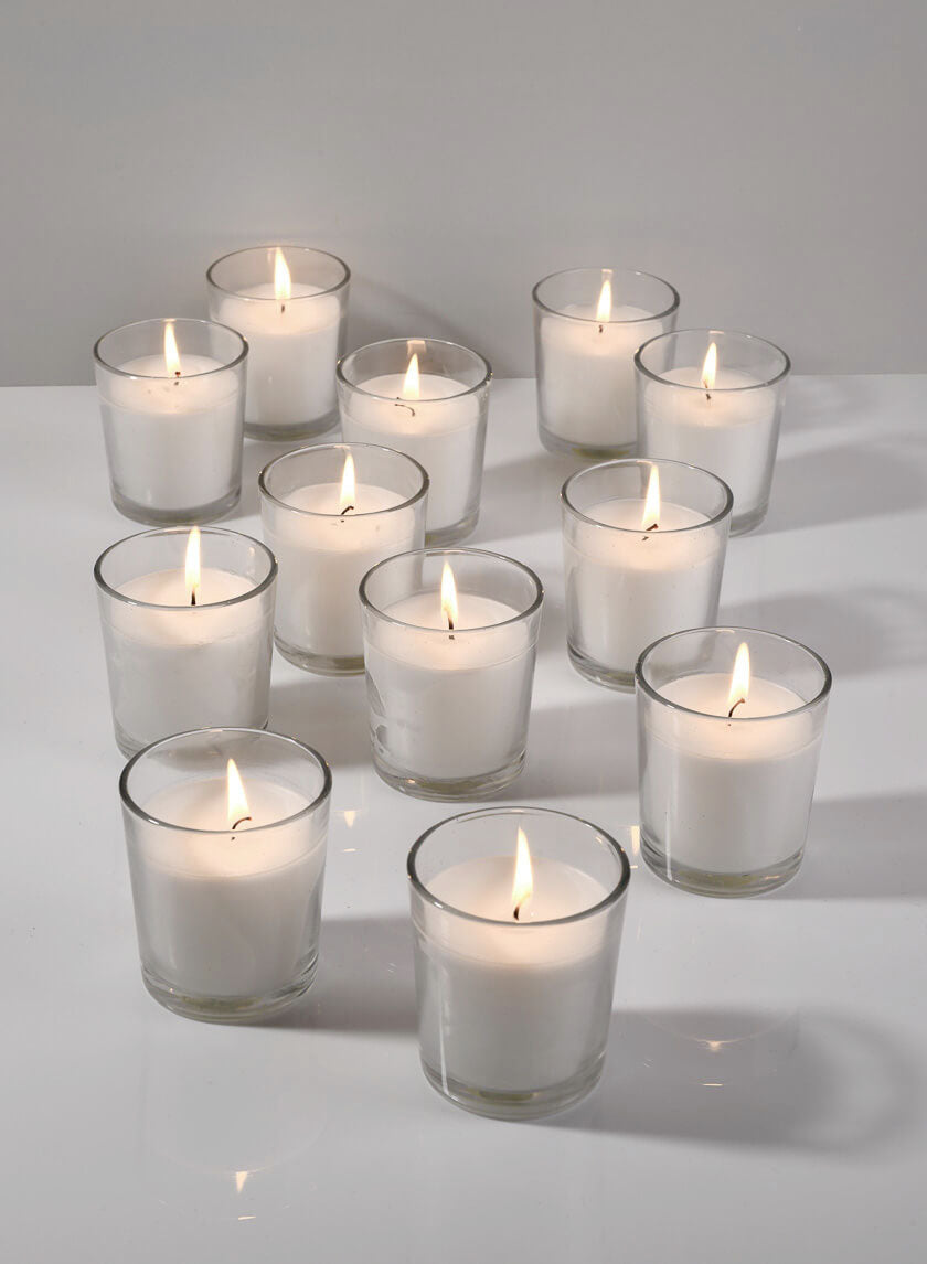 3in Tall White Votives In Clear Glass, 24-Hour, Set of 12 Decor Jamali Garden