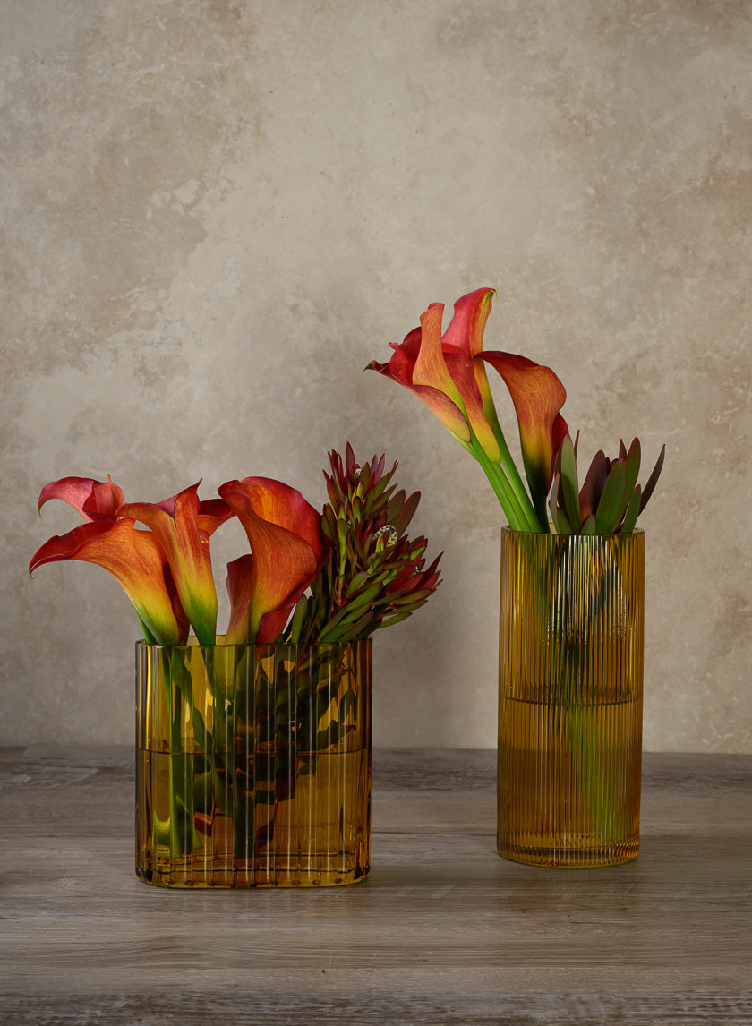 Amber Pleated Glass Cylinder and Oval Vase Decor Jamali Garden