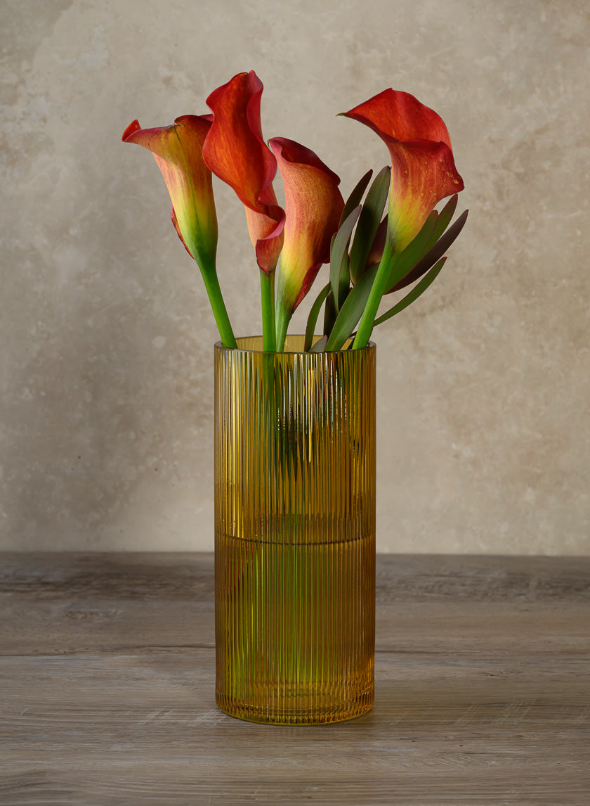 Amber Pleated Glass Cylinder and Oval Vase Decor Jamali Garden