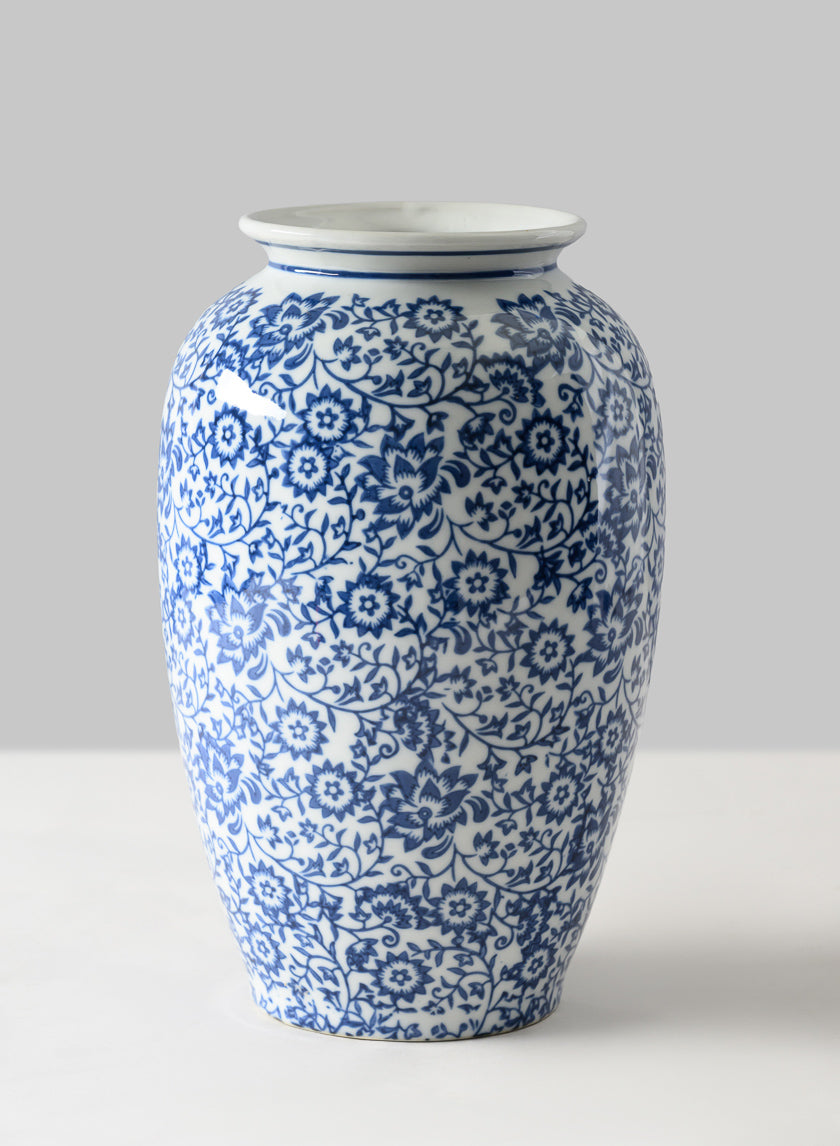 11in Tall Qing Dynasty Blue Floral Ceramic Vase Decor Jamali Garden