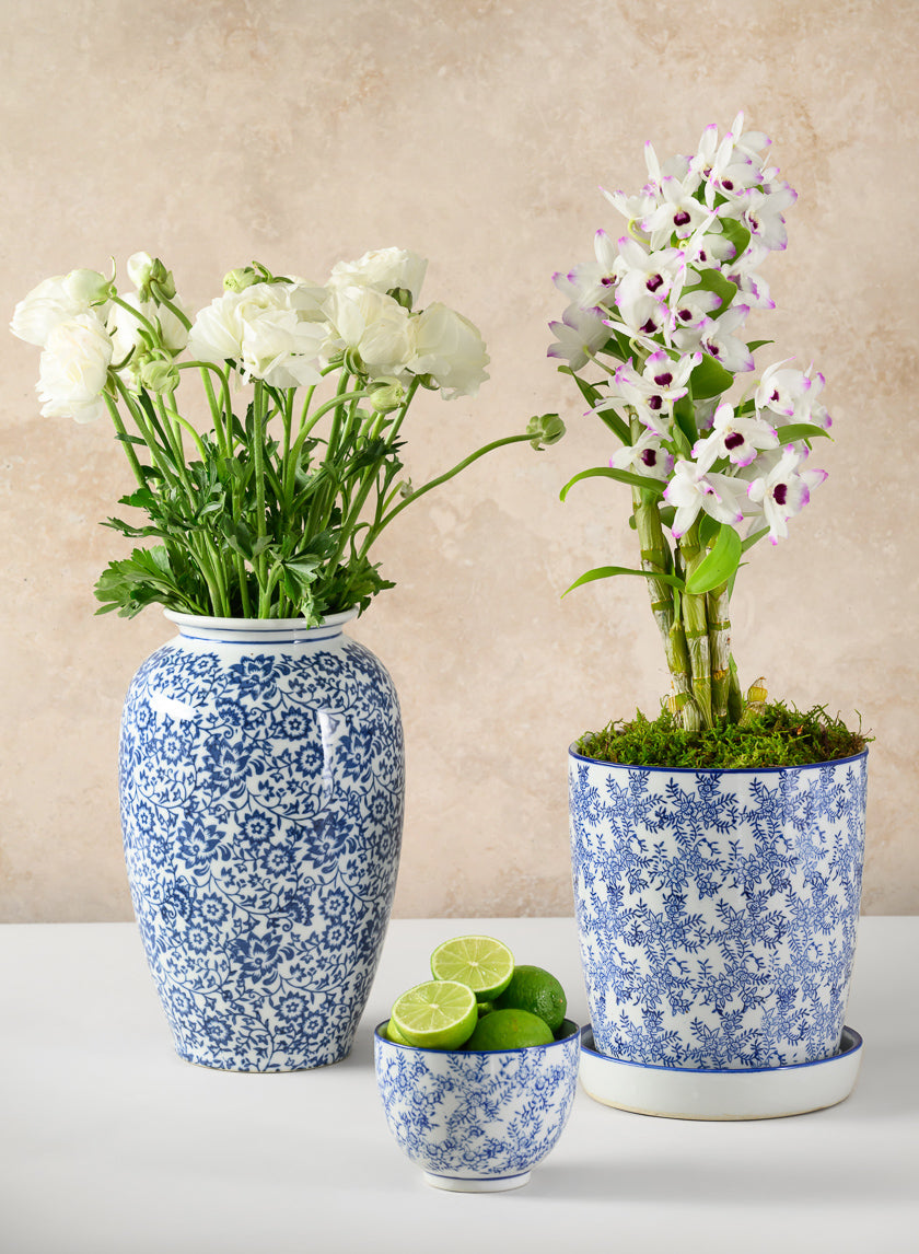 3.25in Tall Qing Dynasty Blue Floral Ceramic Bowls, Set of 2 Decor Jamali Garden