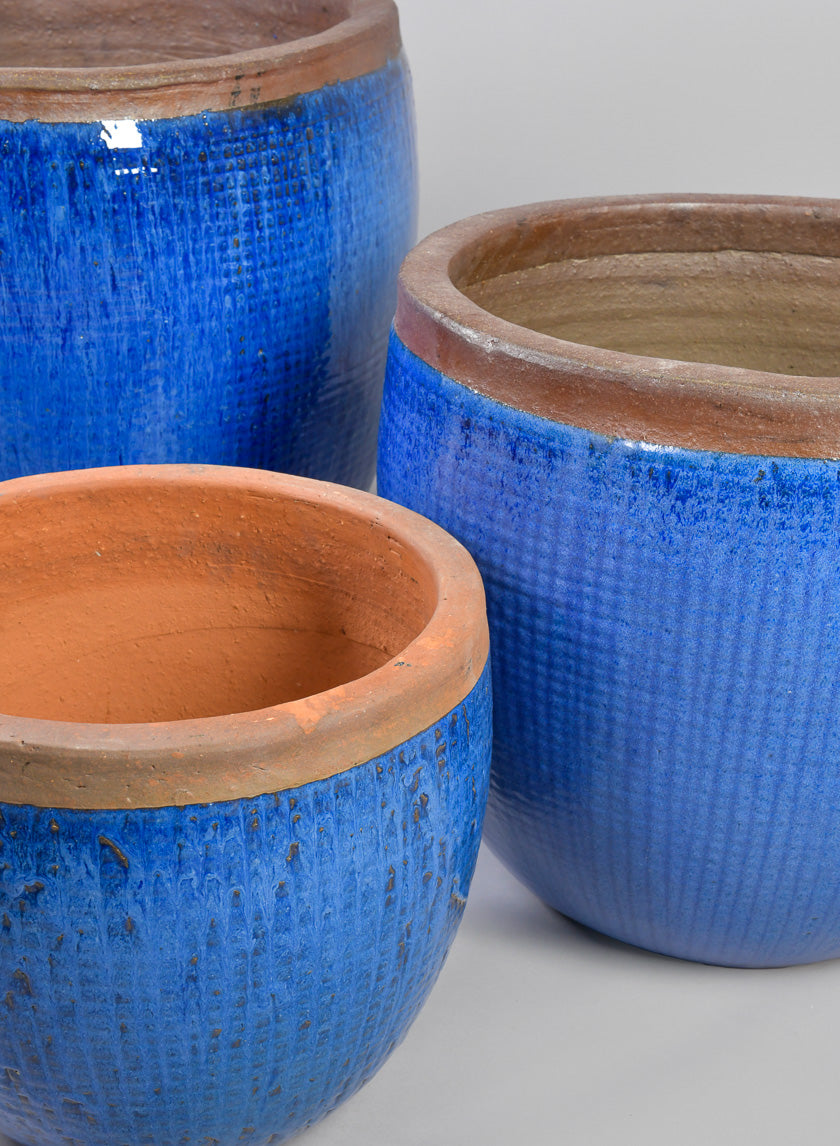 Rimmed Clay & Ceramic Planter Bowl, Santorini Blue Decor Jamali Garden