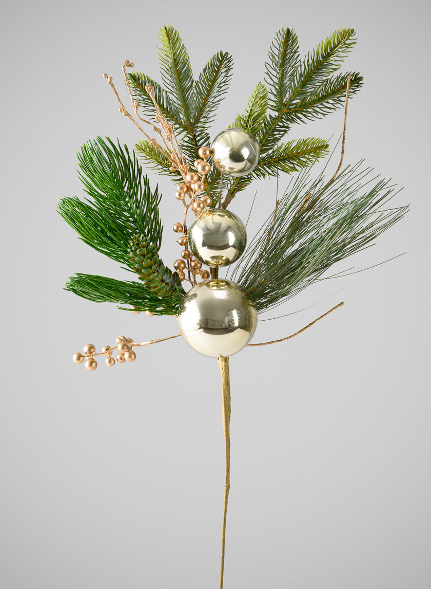 25in Long Classic Pine Pick with Gold Ornaments and Glitter Berries, Case of 12 Decor Jamali Garden
