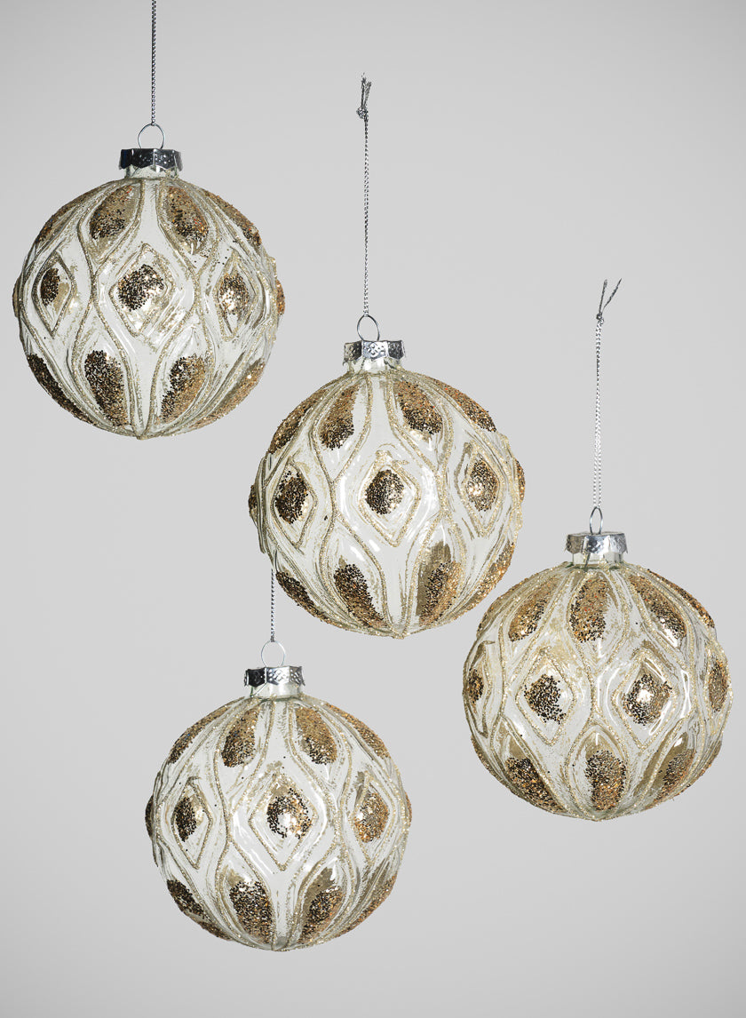 4in Round Royal Gold Glitter Glass Ornament, Set of 4 Decor Jamali Garden