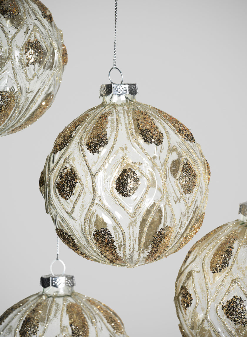 4in Round Royal Gold Glitter Glass Ornament, Set of 4 Decor Jamali Garden