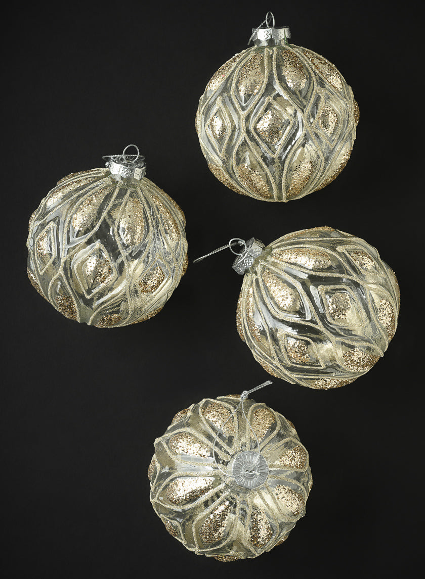 4in Round Royal Gold Glitter Glass Ornament, Set of 4 Decor Jamali Garden