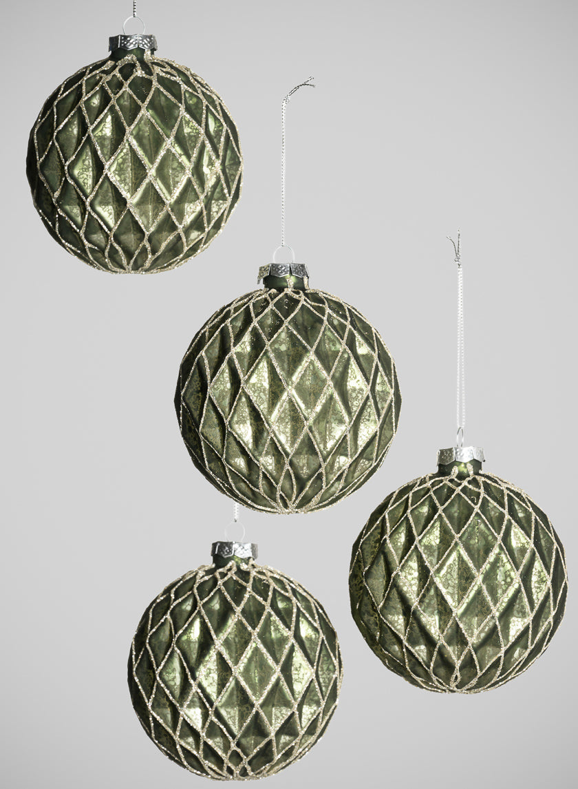 4in Round Gilded Antique Silver Forest Pine Green Glass Ornament, Set of 4 Decor Jamali Garden