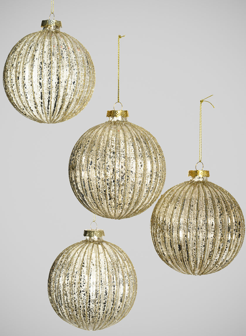 4in Round Gilded Pleated Antique Silver Glass Ornament, Set of 4 Decor Jamali Garden