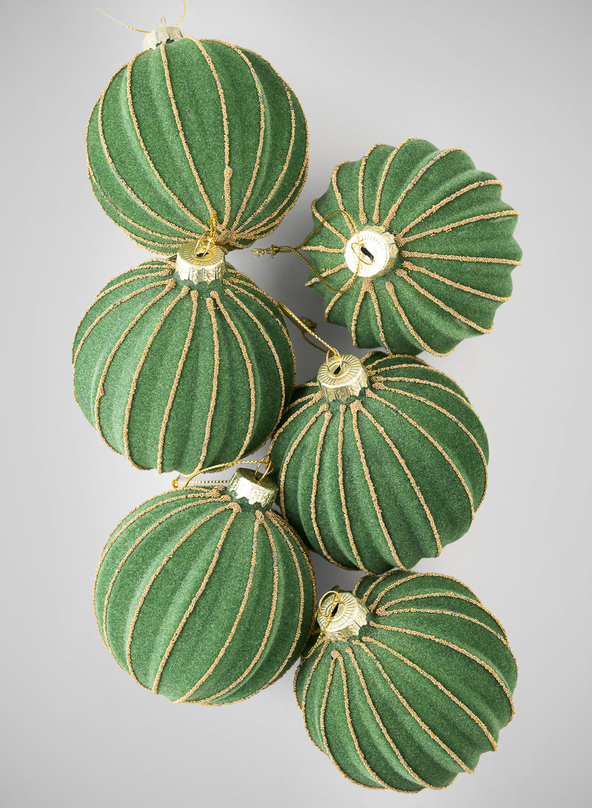 3in Round Gold Lined Christmas Green Velvet Glass Ornament, Set of 6 Decor Jamali Garden