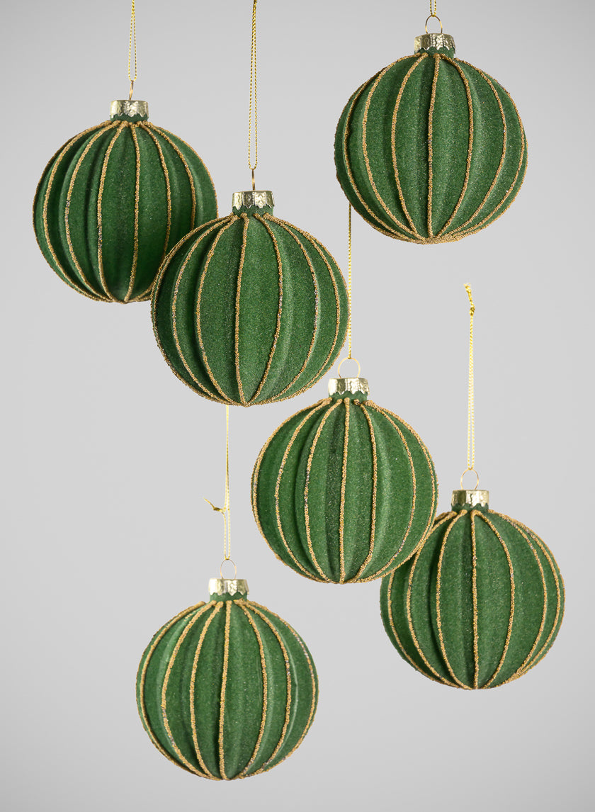 3in Round Gold Lined Christmas Green Velvet Glass Ornament, Set of 6 Decor Jamali Garden