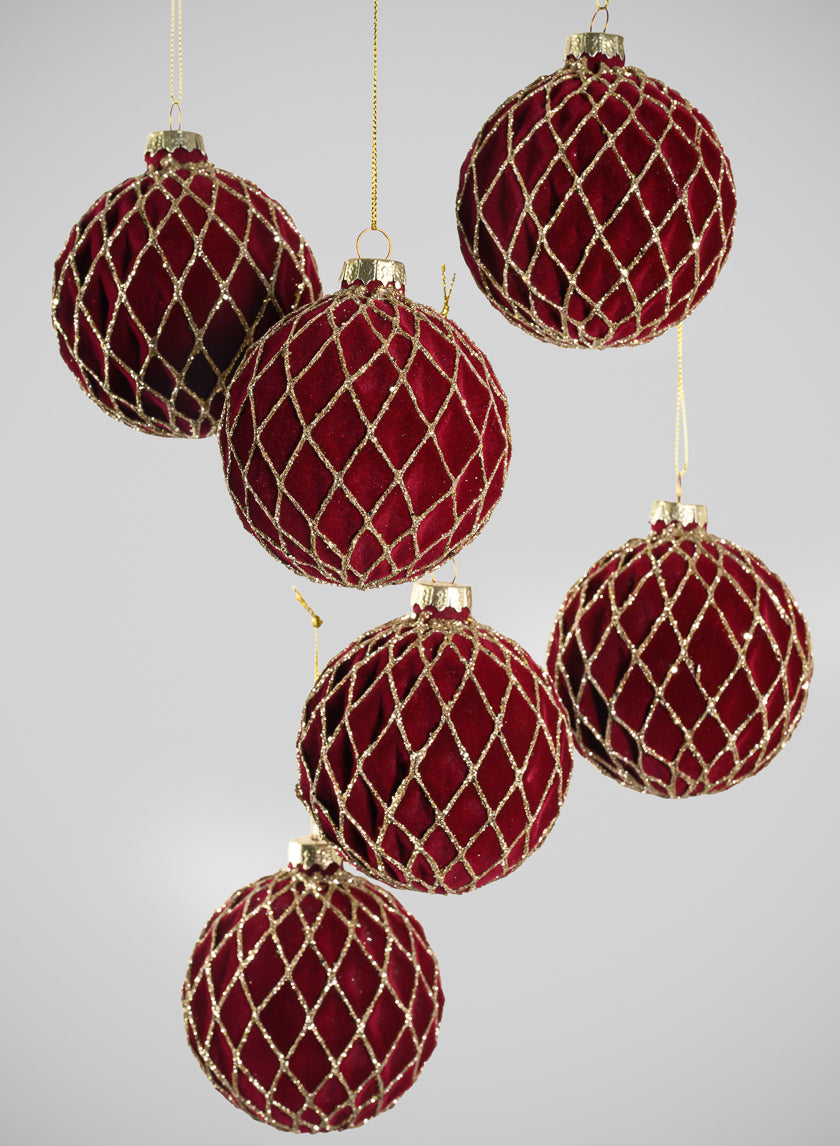 3in Round Gilded Gold Lined Burgundy Velvet Glass Ornament, Set of 6 Decor Jamali Garden