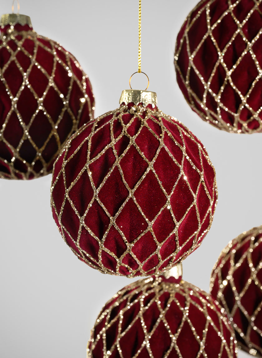 3in Round Gilded Gold Lined Burgundy Velvet Glass Ornament, Set of 6 Decor Jamali Garden