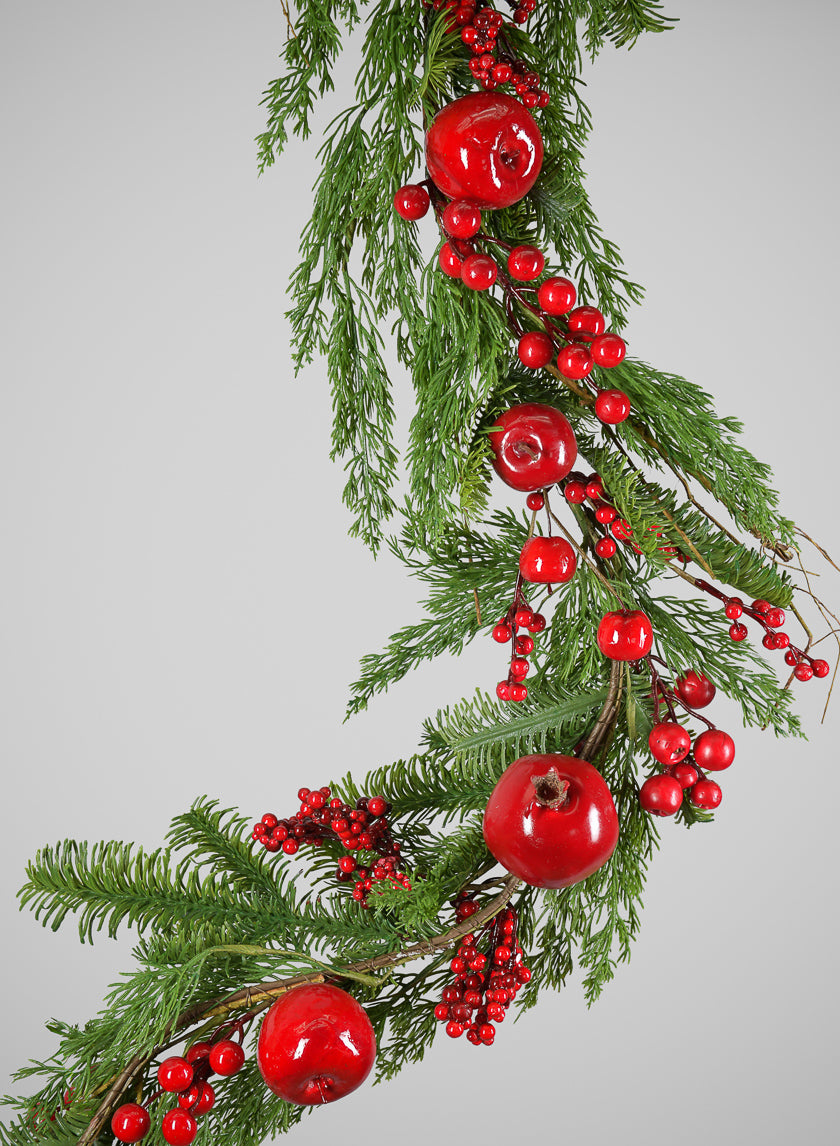 62in Long Festive Pine Garland with Red Berries and Apple Assortment, Case of 4 Decor Jamali Garden