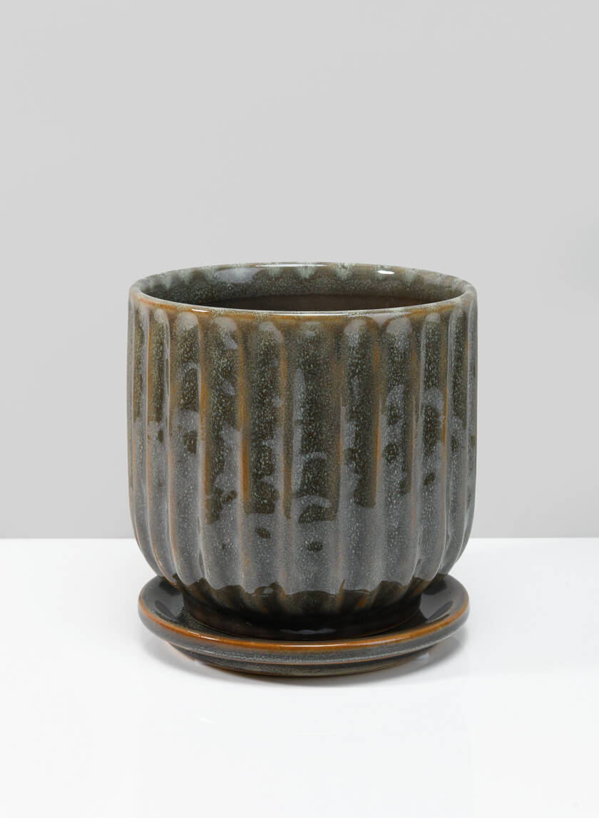 Tulum Avocado Green Pot with Saucer Decor Jamali Garden Green/Brown 6.25in Tall EACH