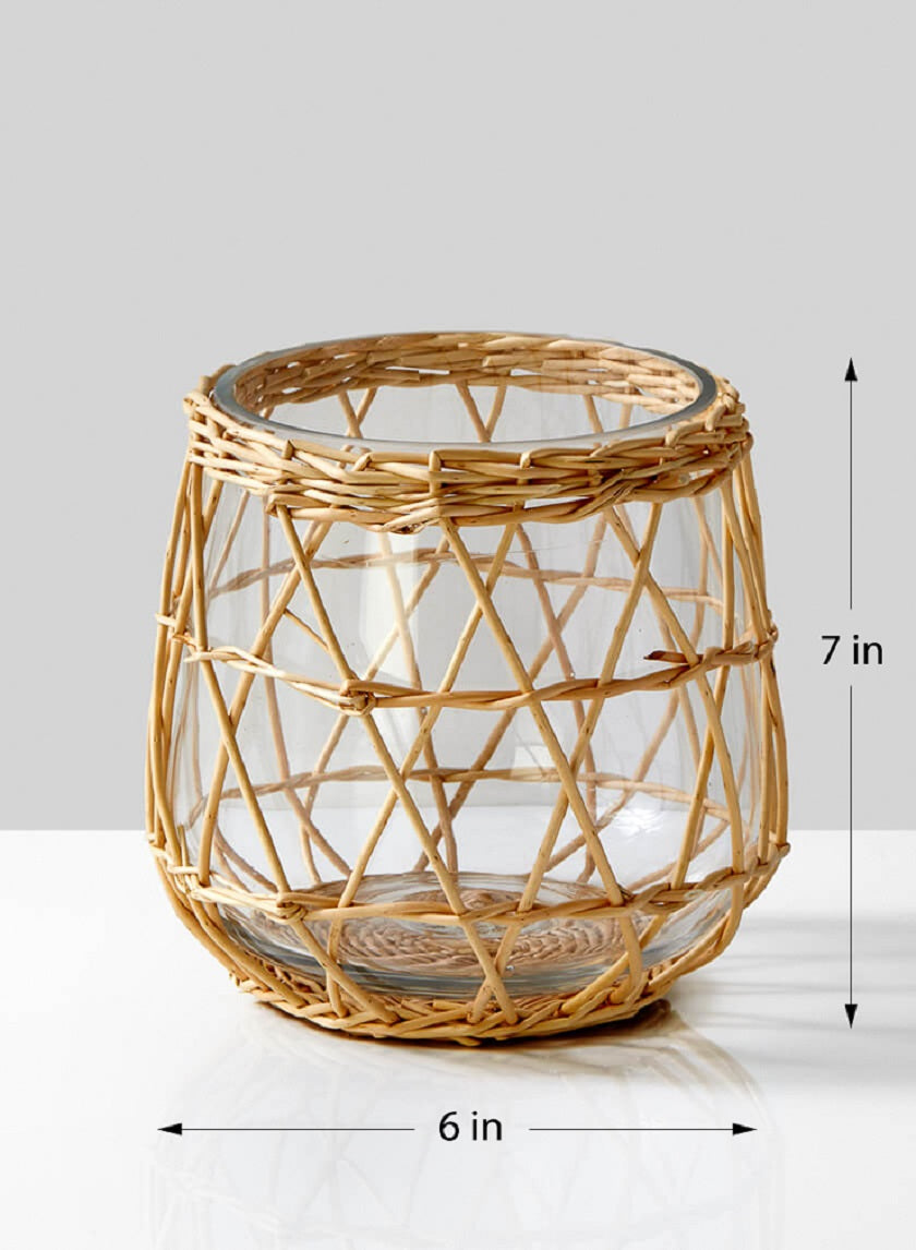 Hanoi Market Wicker & Glass Candleholder Decor Jamali Garden