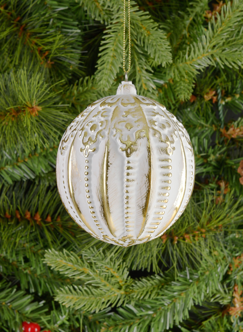 4in Round Royal Etched Gold White Plastic Ornament Decor Jamali Garden