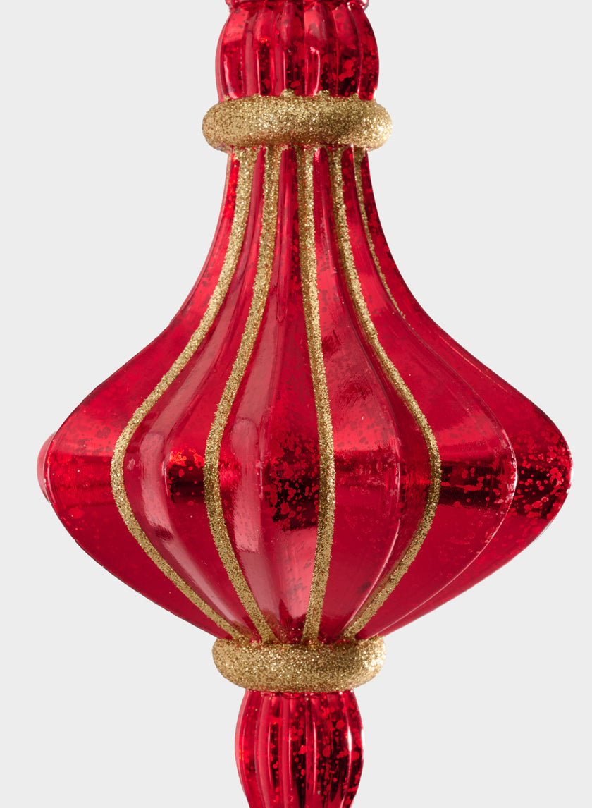 An 8.5-inch plastic ornament designed to resemble real mercury glass, featuring a red finial shape with gold glitter stripes and accents, set against a plain light background.