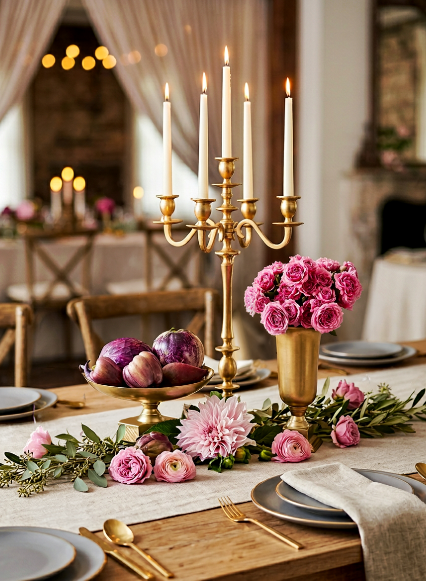 Elegant dining table set with white plates, gold cutlery, Gold Metal Candle Holders, pink flowers, artichokes, and greenery creates a romantic atmosphere with soft lighting and refined décor in the background.