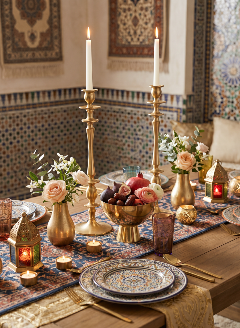 A beautifully set dining table featuring ornate plates, Gold Metal Candle Holders, small flower vases, lanterns, a fruit bowl, and a patterned table runner in a mosaic-tiled room—perfect event table decor.