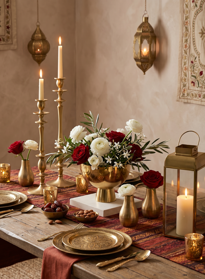 A rustic wooden table set with gold plates, cutlery, and Gold Metal Candle Holders, surrounded by red and white flowers, almonds, figs, lanterns, and candlelight, creates a warm ambiance with elegant decor and patterned textiles.