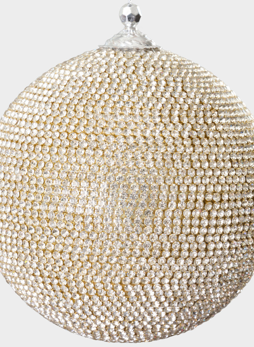 A close-up of the 5in Round Champagne Full Rhinestone Beaded Ornament Ball, featuring rows of small, shiny gold and silver rhinestones and topped with a metallic cap, set against a plain light background.