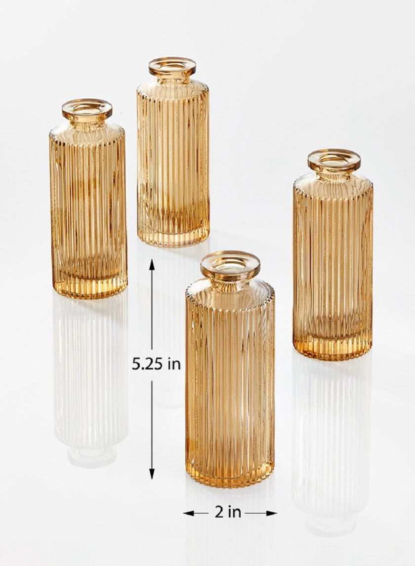 5.25in Tall Amber Pleated Glass Bottle Bud Vase, Set of 4 Decor Jamali Garden