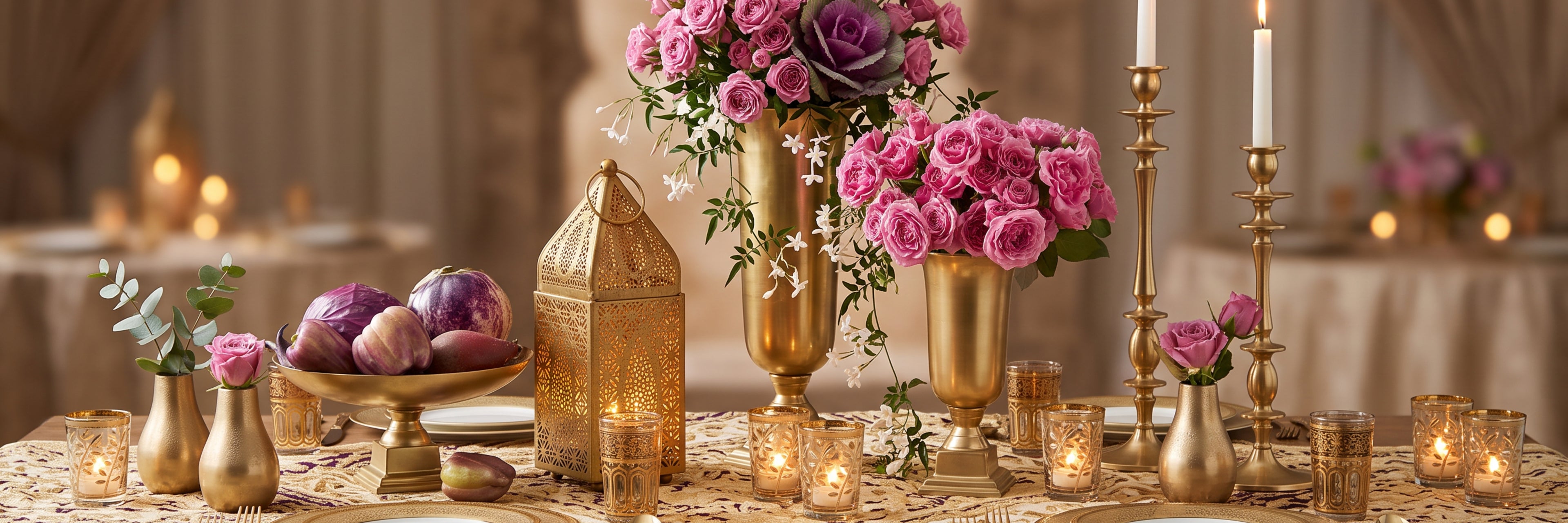 A styled event table setting with gold-toned vases filled with pink and purple roses, gold lanterns, lit candles in glass holders, and decorative fruit bowls on a patterned tablecloth in a warm indoor venue.