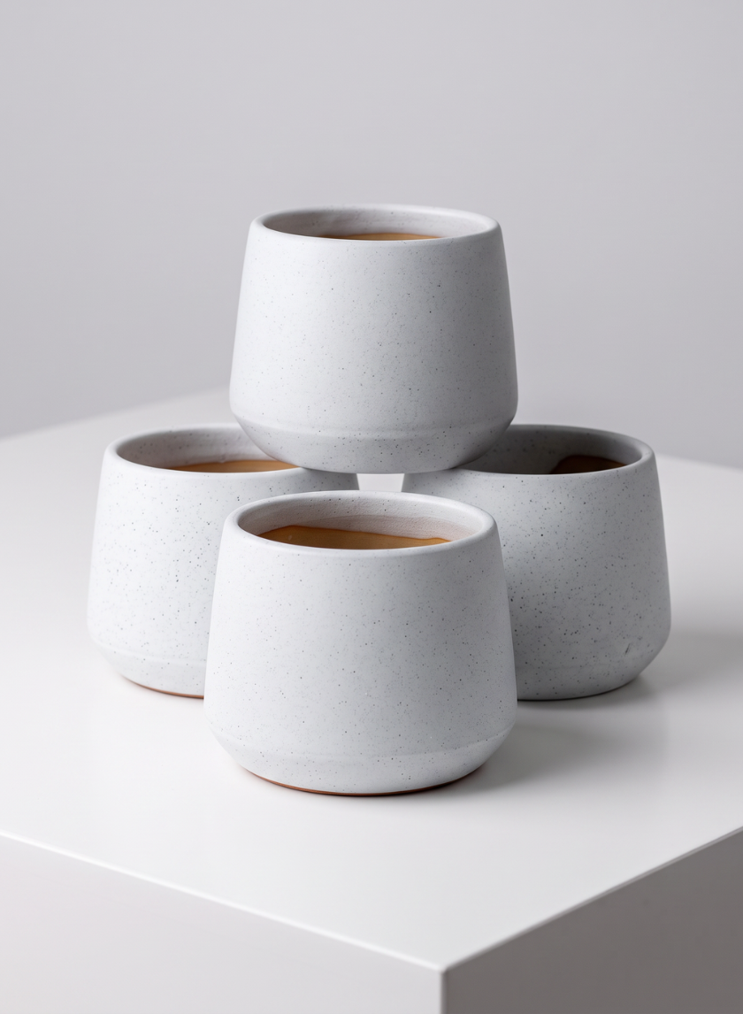 Four minimalist 4-inch tall Florist Choice matte white bell cachepots, arranged in a pyramid shape on a white surface against a light gray background.