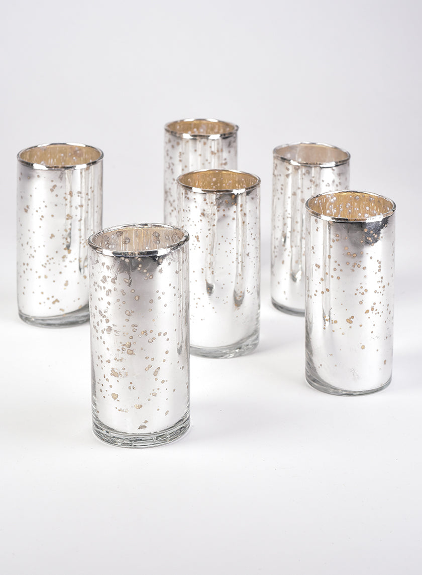 4in Tall Antique Silver Glass Cylinders, Set of 6 Decor Jamali Garden