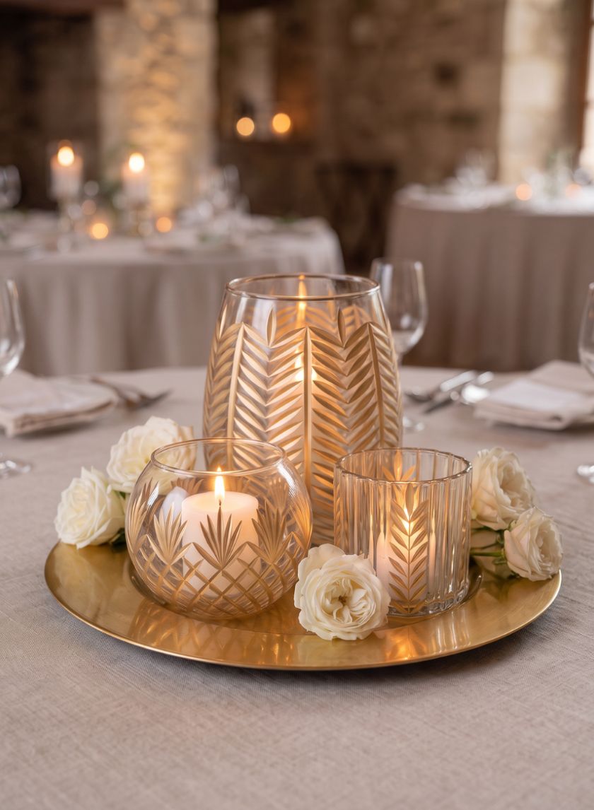 4in Tall Louvres Gold Leaf Etched Glass Candle Holder Decor Jamali Garden