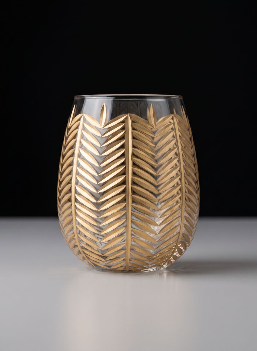9in Tall Gold Palm Etched Glass Holder