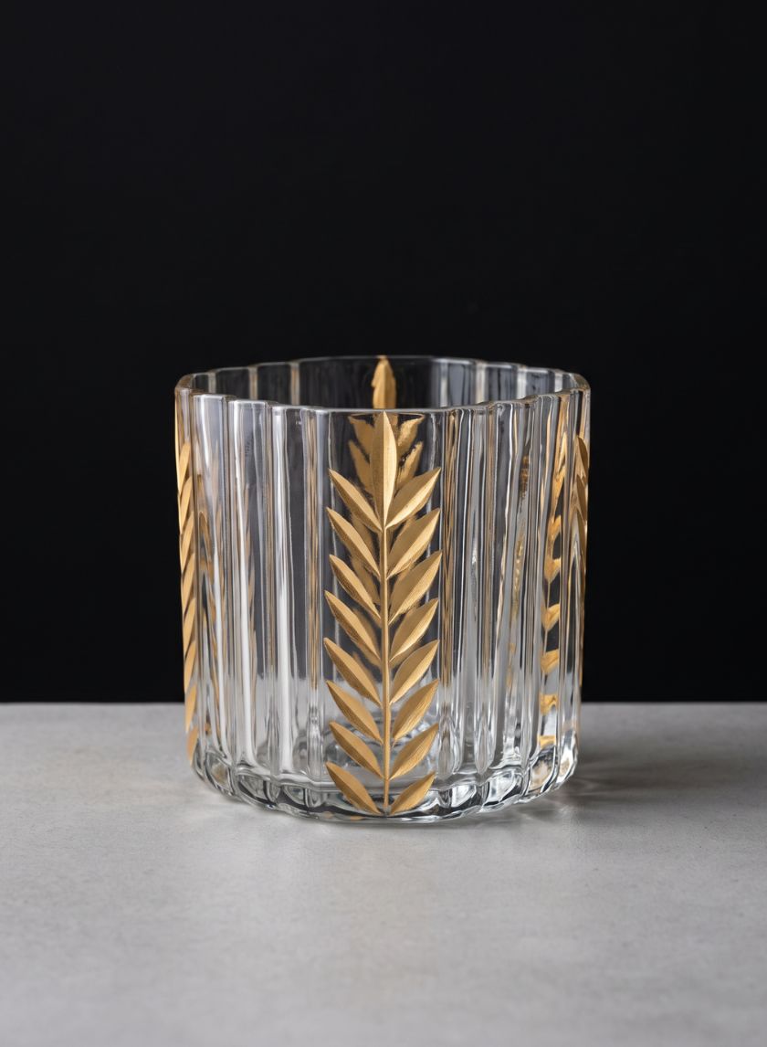 4in Tall Louvres Gold Leaf Etched Glass Candle Holder