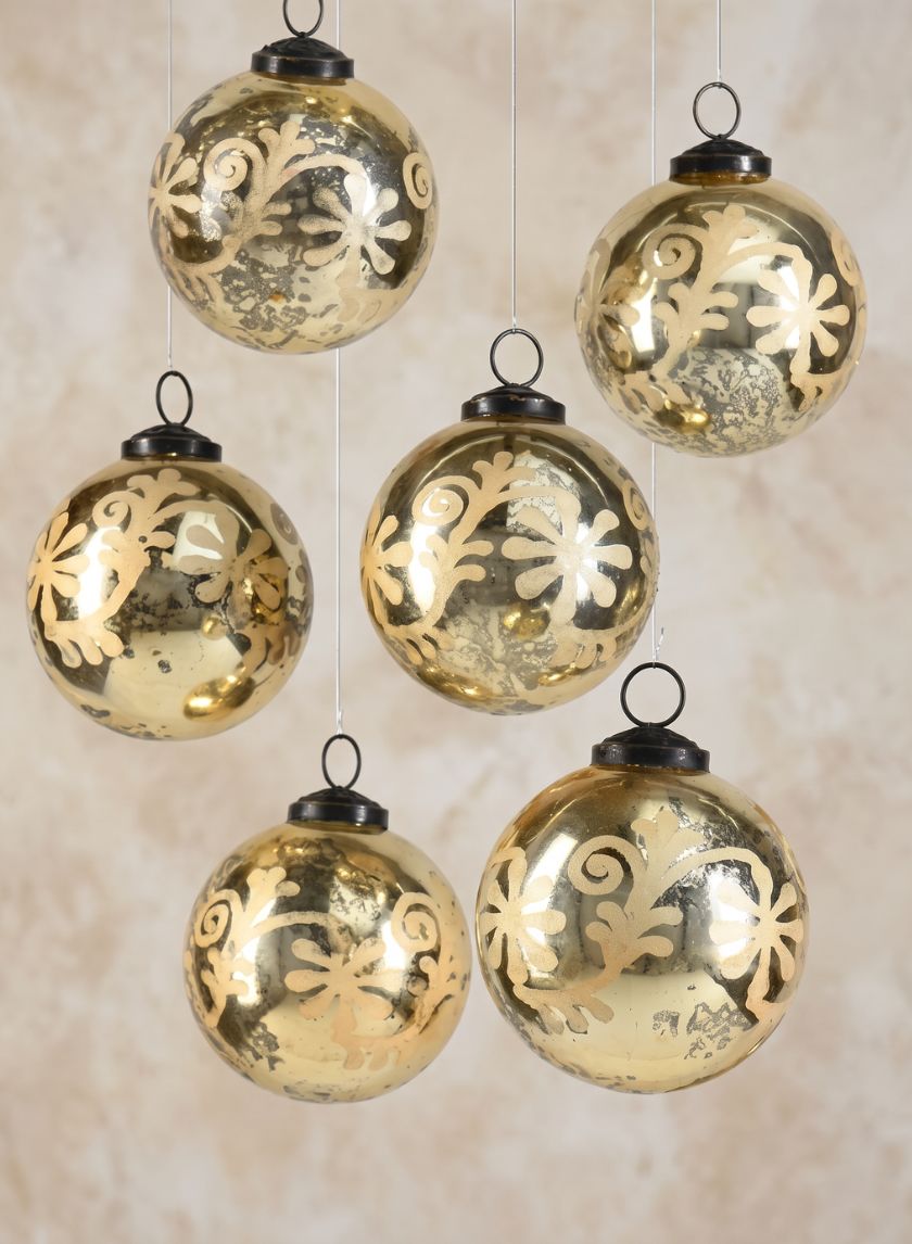 3in Round Etched Classic Glass Ornament Ball, Set of 6 Decor Jamali Garden