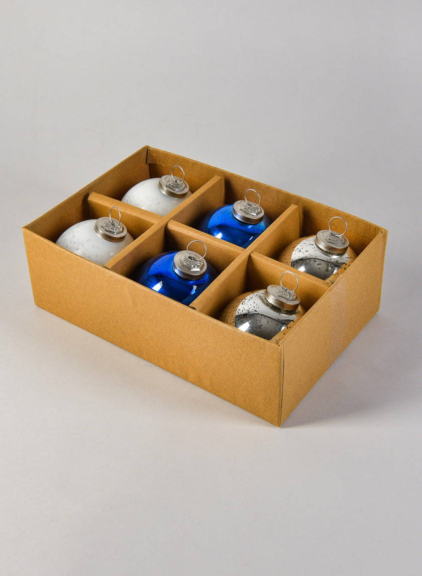 3in Round White Silver & Blue Ornament Balls with Silver Hook Decor Jamali Garden