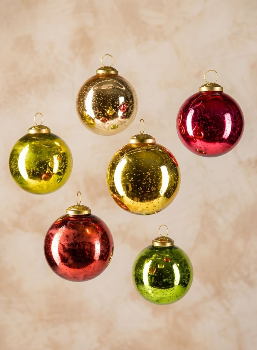 3in Round Red, Green & Gold Glass Ornament Balls with Gold Hook Decor Jamali Garden