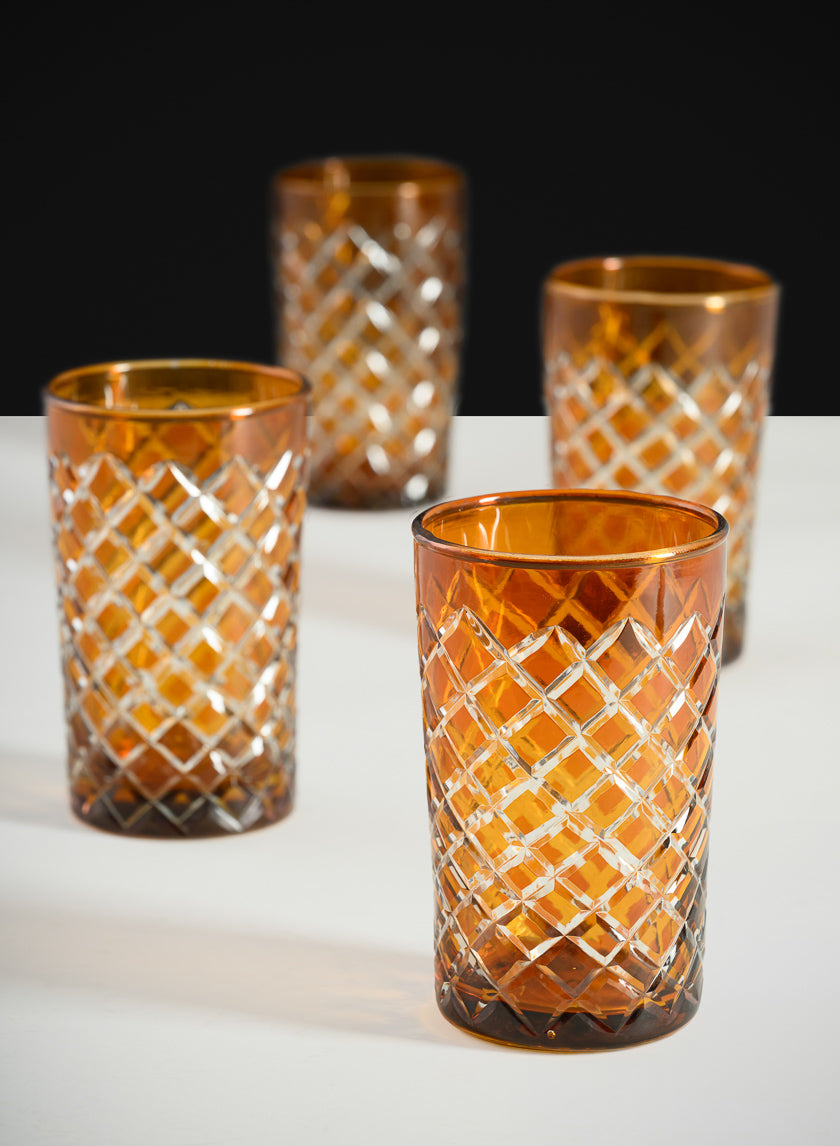 4.5in Tall Almira Amber Cut Glass Squares Votive Holder, Set of 4 Decor Jamali Garden