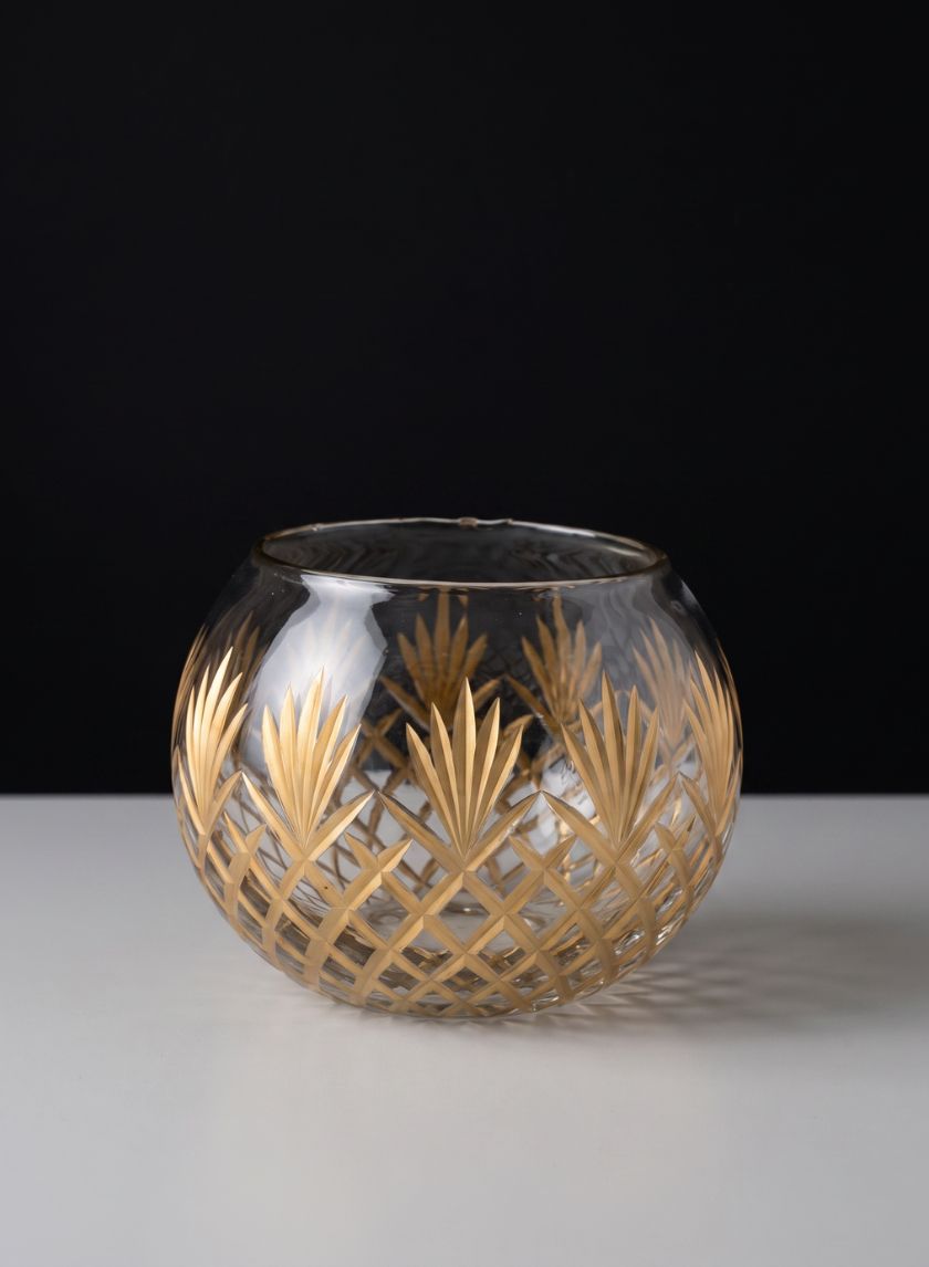 6in Wide Nuage Gold Etched Cutwork Glass Fishbowl