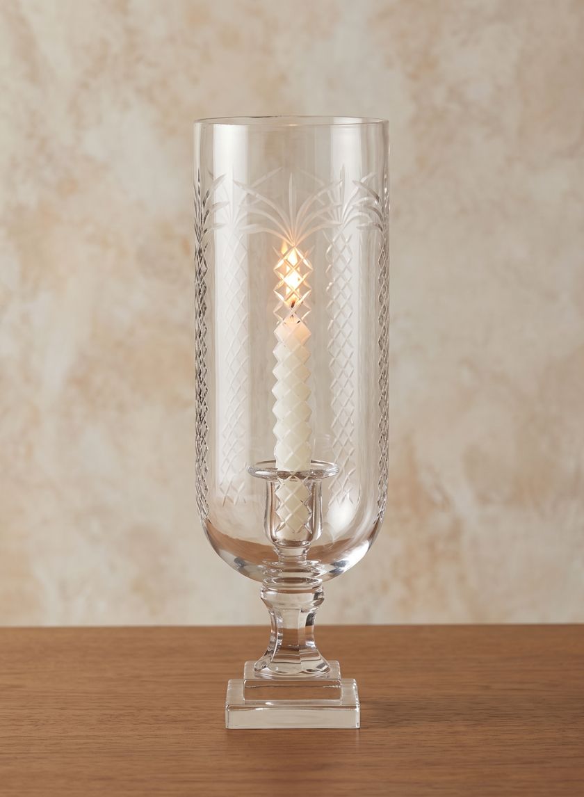15.25in Tall Palm Leaf Etched Glass Hurricane