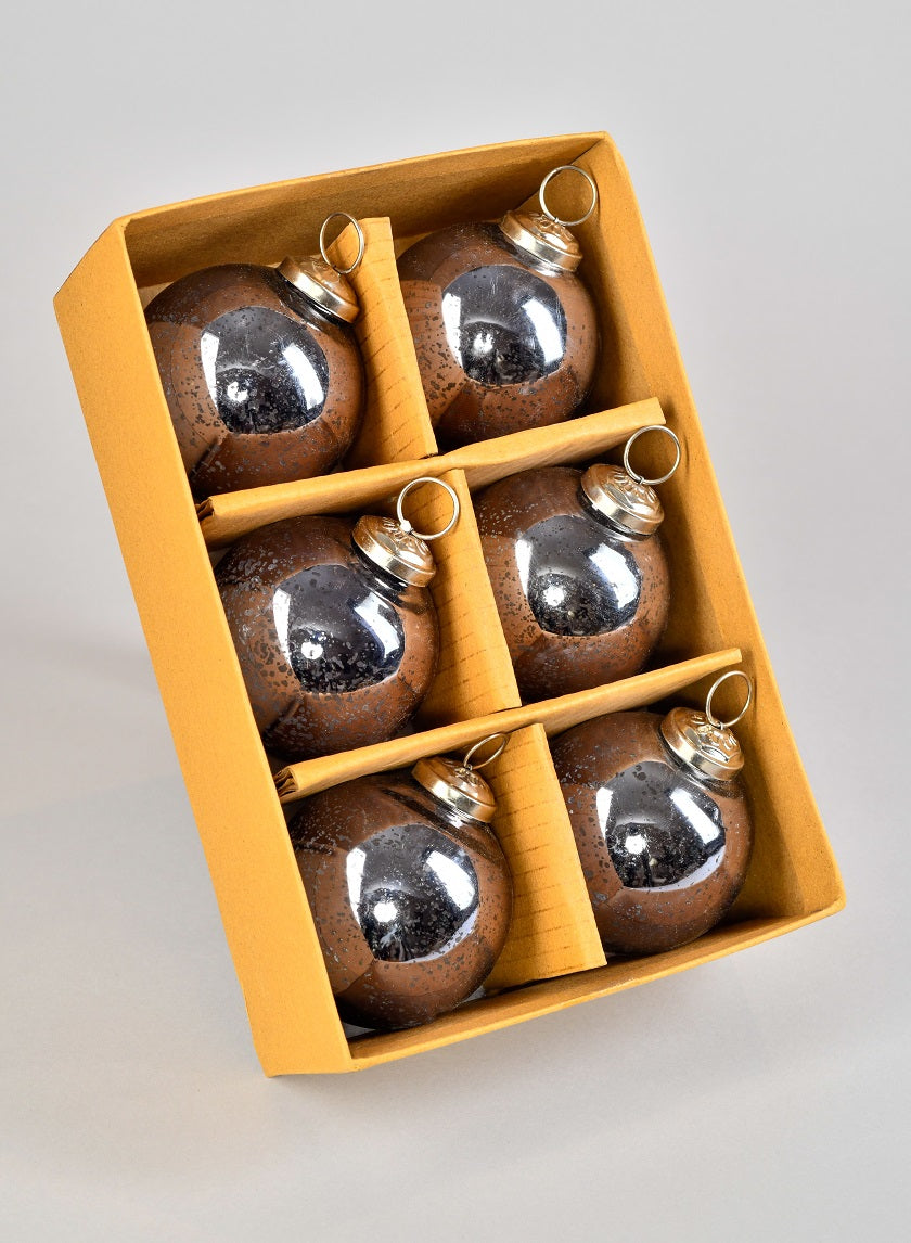 3in Round Antique Platinum Glass Ball Ornament in Window Box, Set of 6 Decor Jamali Garden