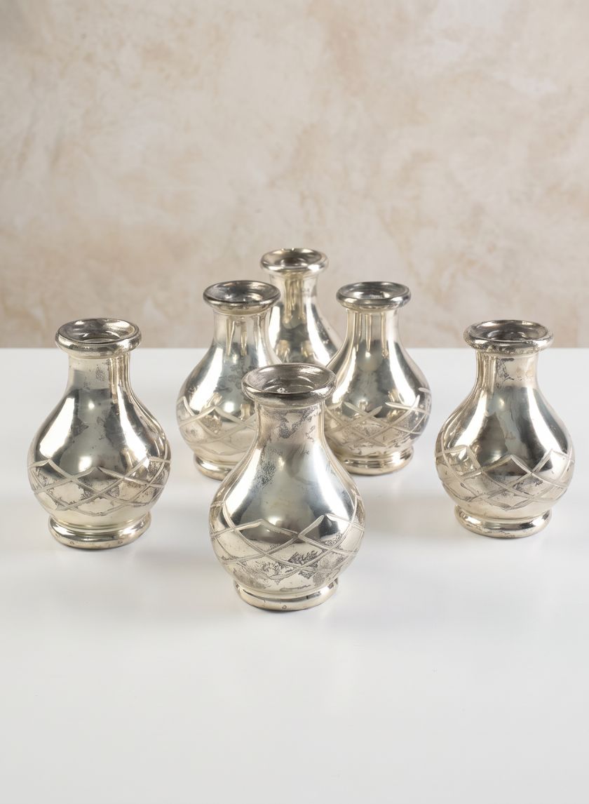3.75in Tall Cut Work Antique Silver Bottle Glass Vase, Set of 6 Decor Jamali Garden