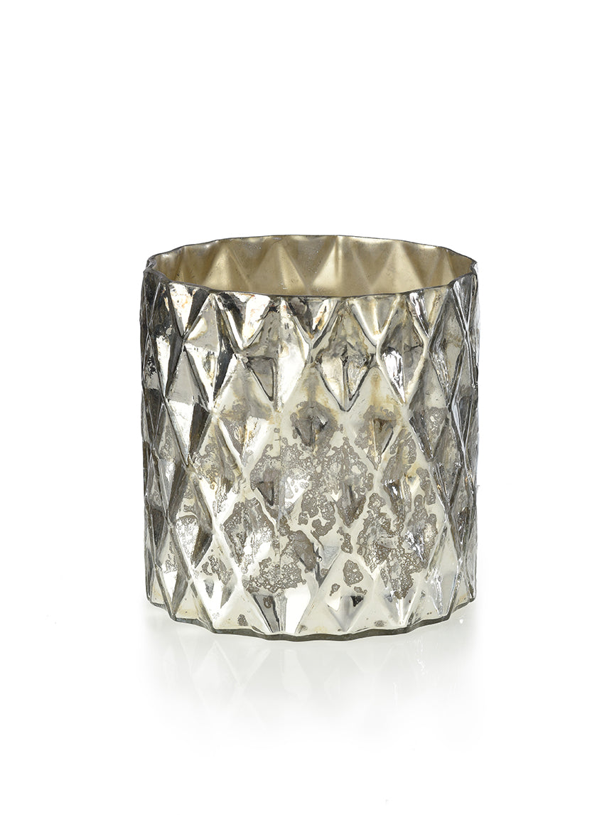 5in Tall Antique Silver Diamond Glass Cylinder Decor Jamali Garden