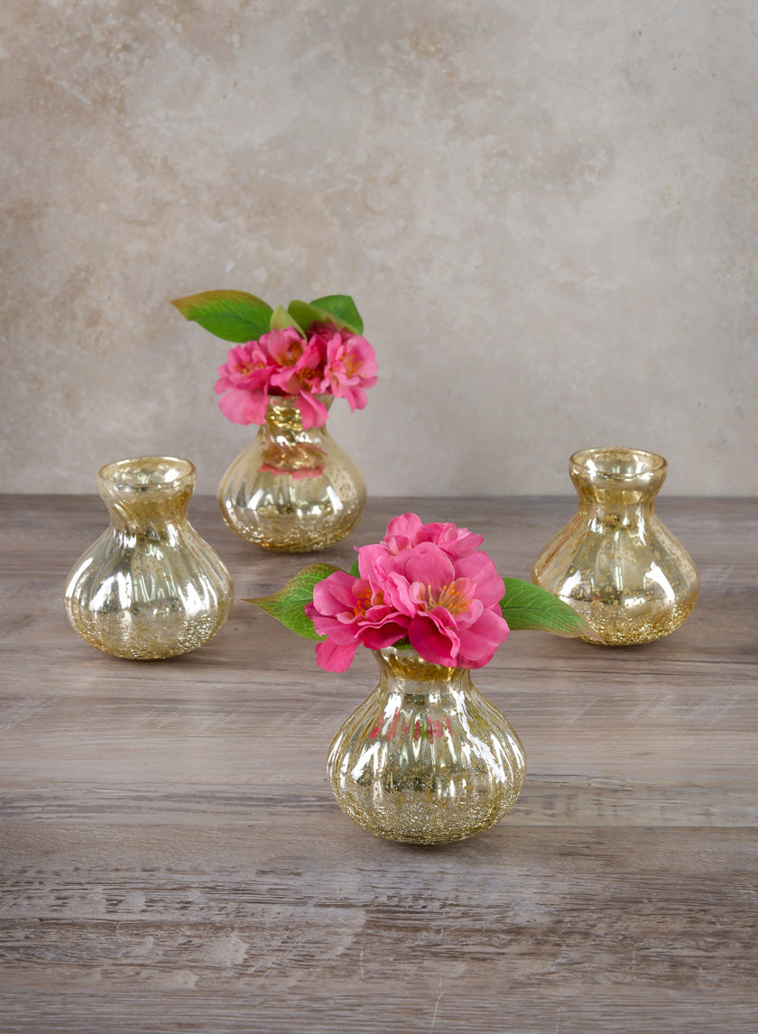 4in Tall Gold Half Crackle Bud Glass Vase, Set of 4 Decor Jamali Garden