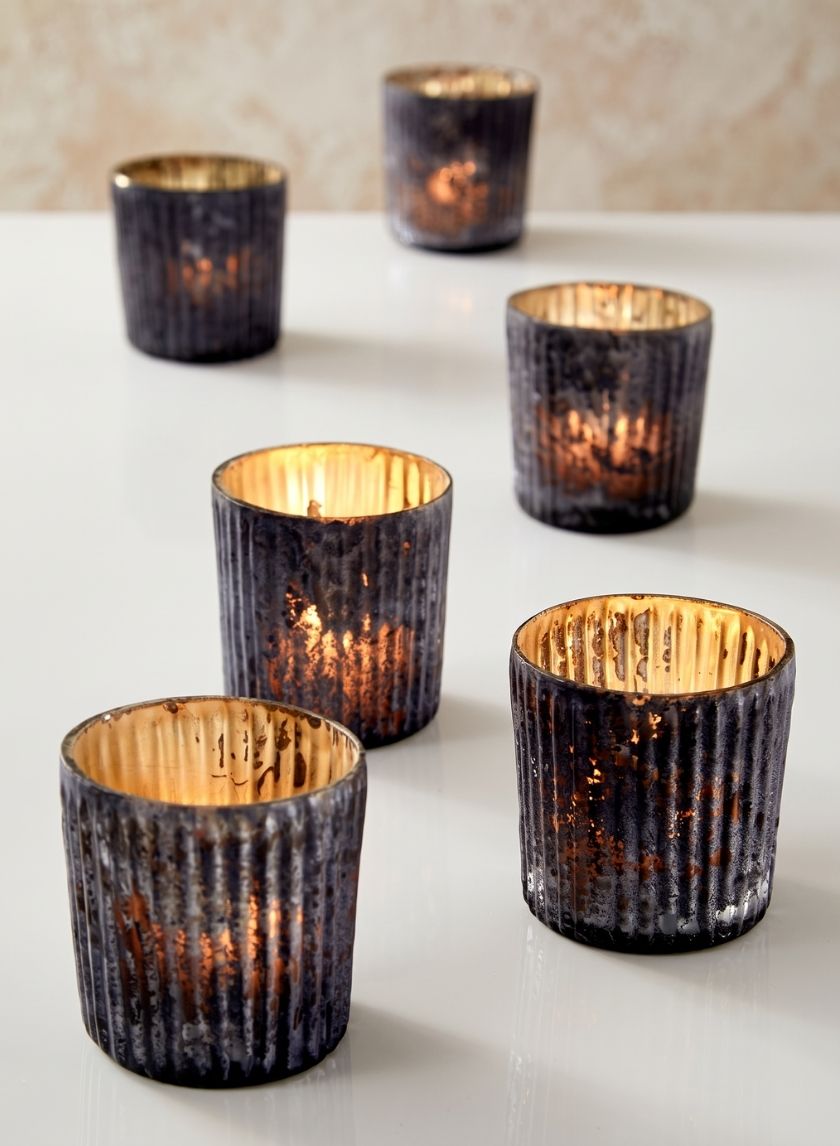 2.5in Tall Platinum Grey Ribbed Glass Votive Holder, Set of 6 Decor Jamali Garden